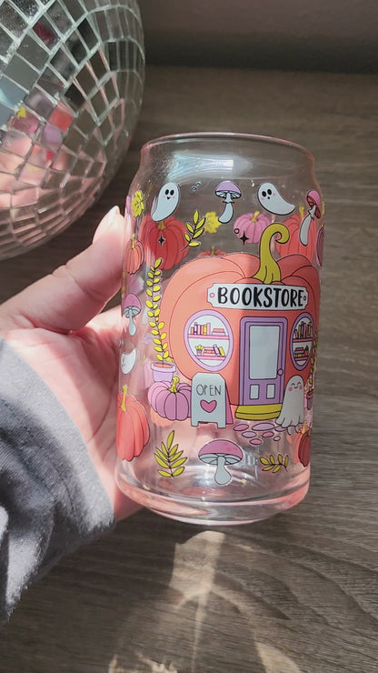 Pumpkin Bookstore 16oz glass can| Autumn| Fall Bookish| Pumpkins Books| Cute Glass Can|Glass Tumbler w/Straw & Lid|