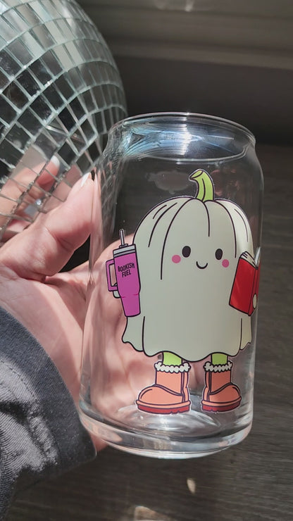 Fall Ghostie Pumpkin 16oz glass can| Autumn Ghostie Pumpkin| Bookish| Cute Glass Can|Glass Tumbler w/Straw & Lid|