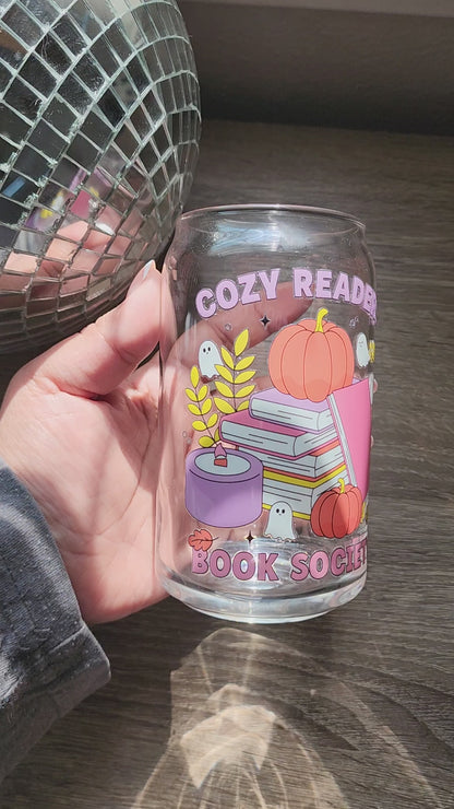 Cozy Reader Book Society 16oz glass can| Autumn| Fall Bookish| Pumpkins Books| Cute Glass Can|Glass Tumbler w/Straw & Lid|