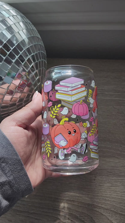 Reading Pumpkin 16oz glass can| Autumn| Fall Bookish| Pumpkins Books| Cute Glass Can|Glass Tumbler w/Straw & Lid|