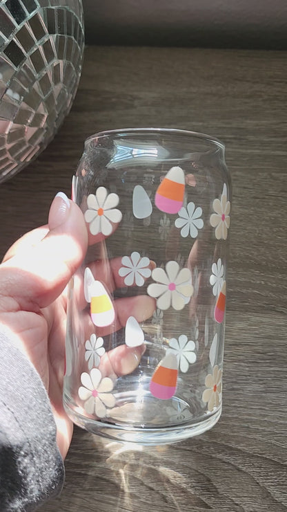Daisies & Candy Corn Girly 16oz glass can| Autumn| Fall Bookish| Pumpkins Books| Cute Glass Can|Glass Tumbler w/Straw & Lid|