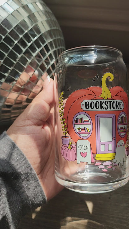 Pumpkin Bookstore 16oz glass can| Autumn| Fall Bookish| Pumpkins Books| Cute Glass Can|Glass Tumbler w/Straw & Lid|