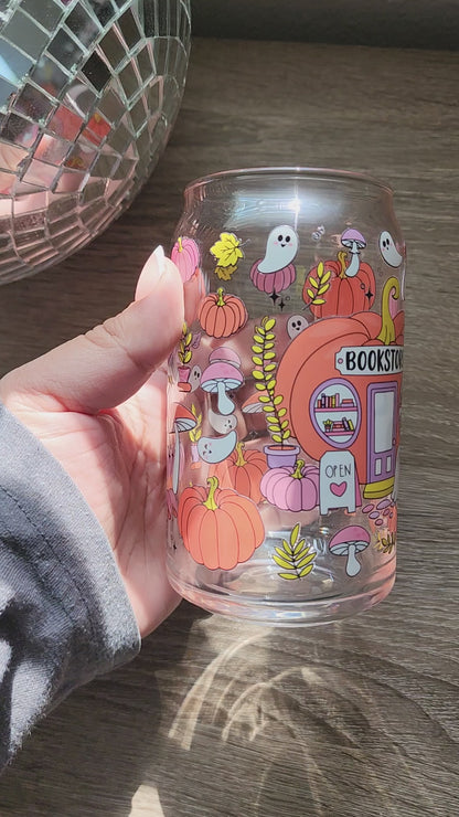 Pumpkin Bookstore 16oz glass can| Autumn| Fall Bookish| Pumpkins Books| Cute Glass Can|Glass Tumbler w/Straw & Lid|