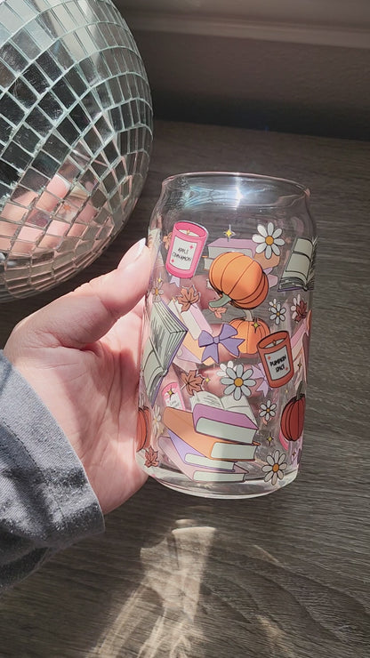 Fall Bookish 16oz glass can| Autumn| Fall Bookish| Pumpkins Books| Cute Glass Can|Glass Tumbler w/Straw & Lid|