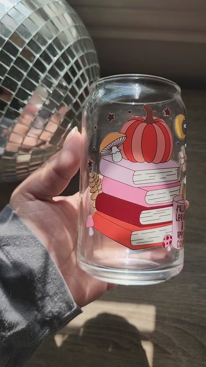 Fallen Leaves and Apple Cider 16oz glass can| Autumn| Fall Bookish| Pumpkins Books| Cute Glass Can|Glass Tumbler w/Straw & Lid|