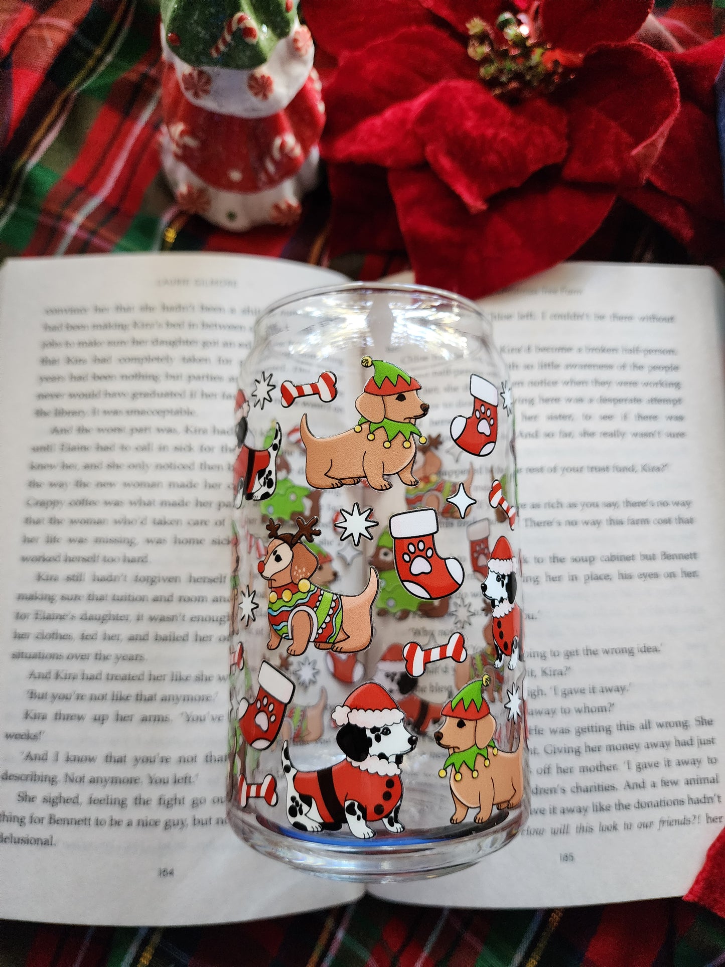 Christmas Dogs 16oz glass can| Winter| Christmas| Cute Glass Can|Glass Tumbler w/Straw & Lid|