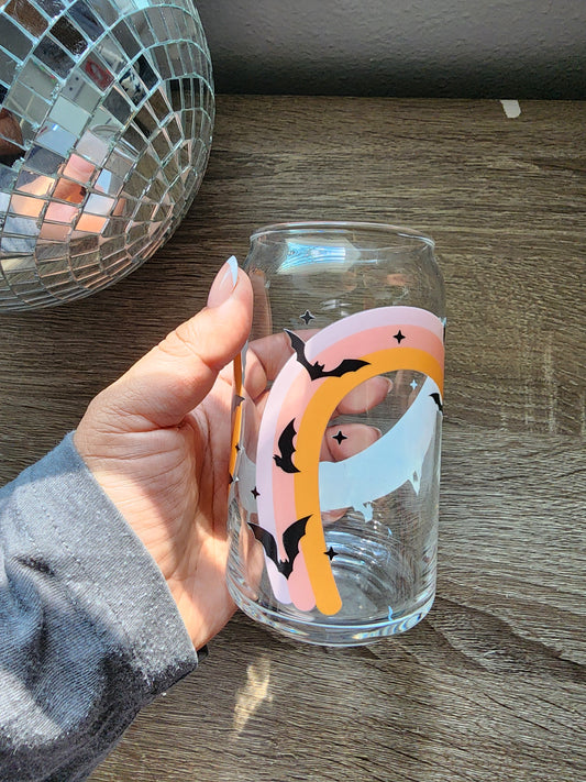 Oopsie Rainbow Bats Girly 16oz glass can| Autumn| Fall Bookish| Pumpkins Books| Cute Glass Can|Glass Tumbler w/Straw & Lid|