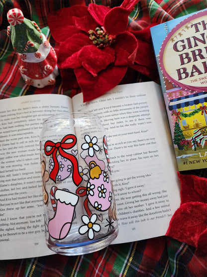 Gingerbread Christmas 16oz glass can| Winter| Christmas| Cute Glass Can|Glass Tumbler w/Straw & Lid|