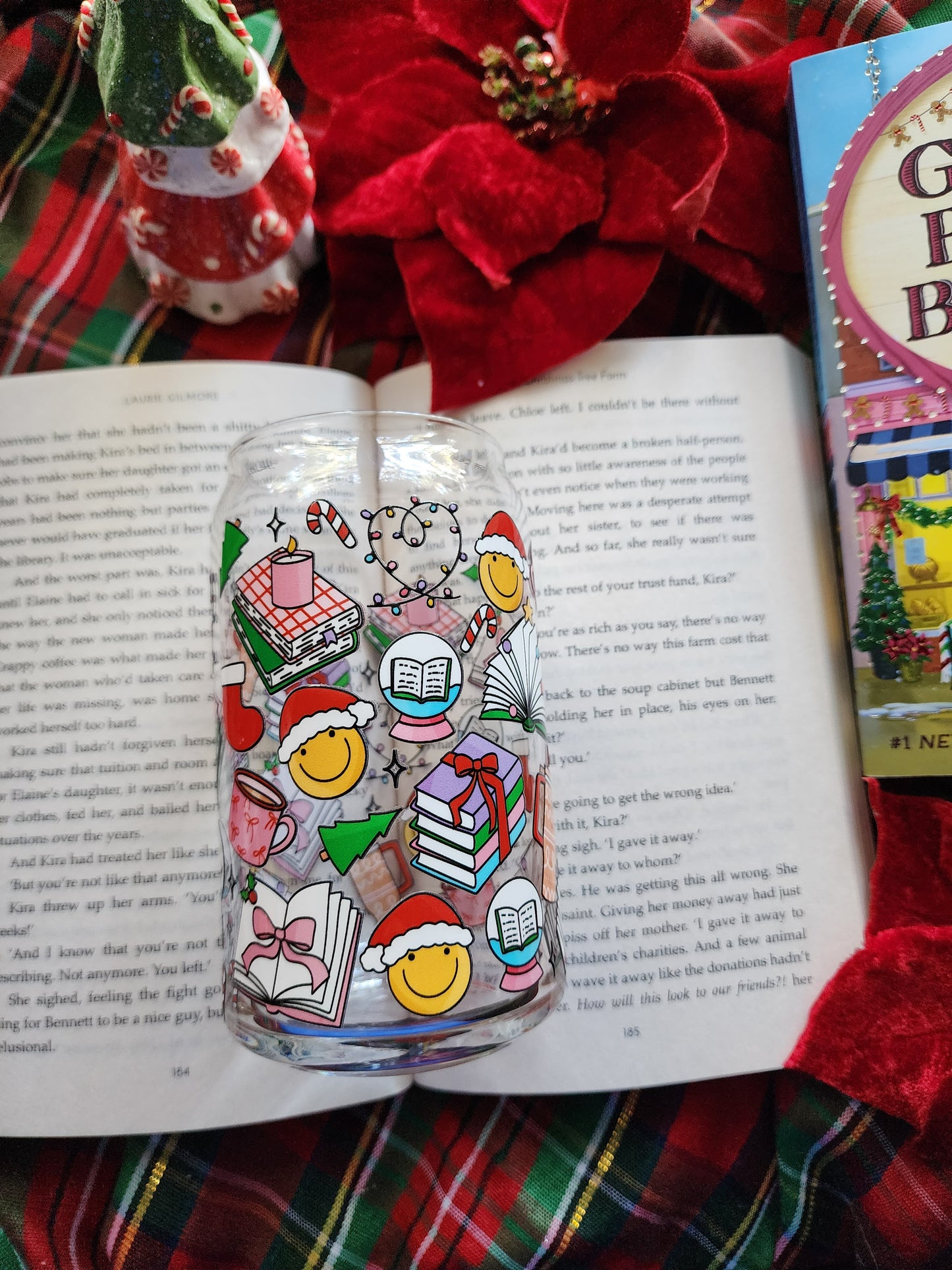 Bookish Christmas 16oz glass can| Winter| Christmas| Cute Glass Can|Glass Tumbler w/Straw & Lid|