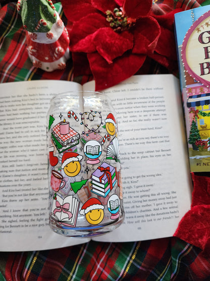 Bookish Christmas 16oz glass can| Winter| Christmas| Cute Glass Can|Glass Tumbler w/Straw & Lid|