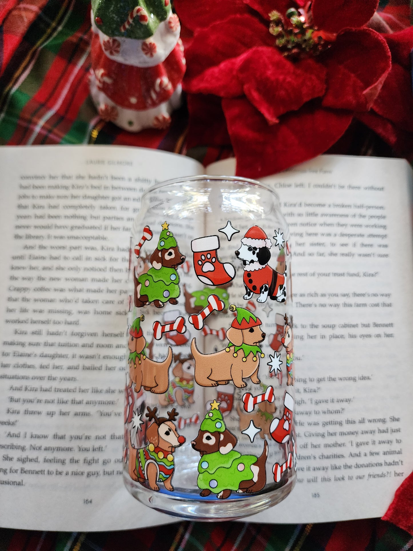 Christmas Dogs 16oz glass can| Winter| Christmas| Cute Glass Can|Glass Tumbler w/Straw & Lid|