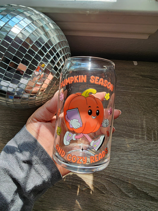 Pumpkin Season and Cozy Reads 16oz glass can| Autumn| Fall Bookish| Pumpkins Books| Cute Glass Can|Glass Tumbler w/Straw & Lid|