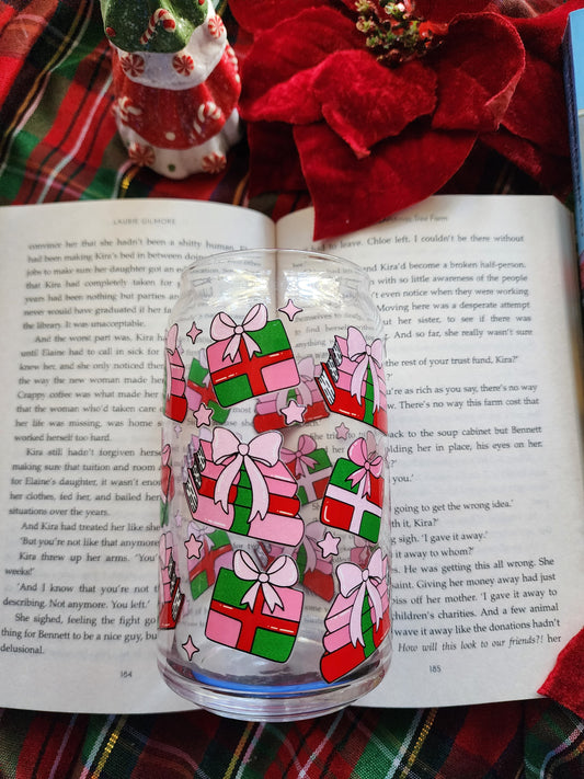 Book stack Christmas 16oz glass can| Winter| Christmas| Cute Glass Can|Glass Tumbler w/Straw & Lid|
