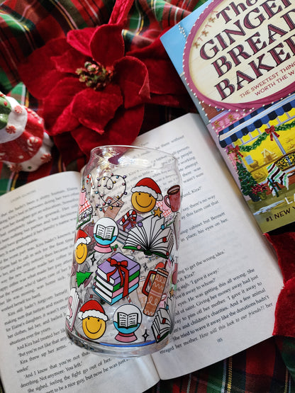 Bookish Christmas 16oz glass can| Winter| Christmas| Cute Glass Can|Glass Tumbler w/Straw & Lid|