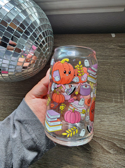 Reading Pumpkin 16oz glass can| Autumn| Fall Bookish| Pumpkins Books| Cute Glass Can|Glass Tumbler w/Straw & Lid|