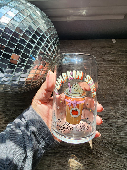 Pumpkin Spice Coffee Club 16oz glass can| Autumn| Fall Bookish| Pumpkins Books| Cute Glass Can|Glass Tumbler w/Straw & Lid|