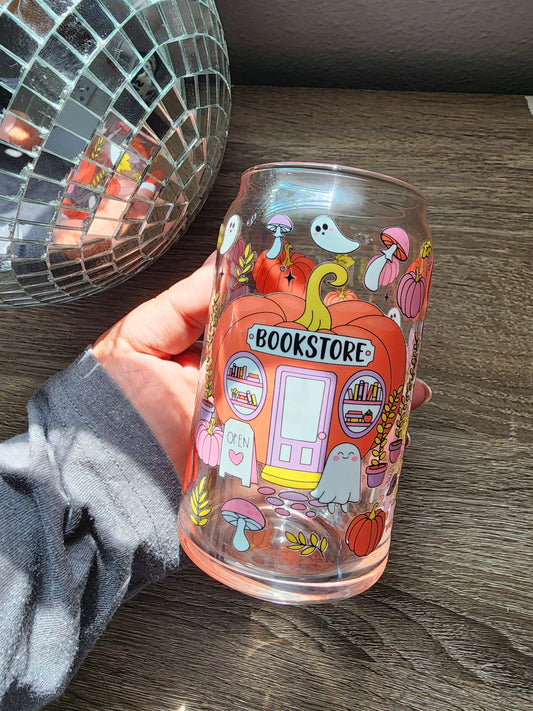 Pumpkin Bookstore 16oz glass can| Autumn| Fall Bookish| Pumpkins Books| Cute Glass Can|Glass Tumbler w/Straw & Lid|