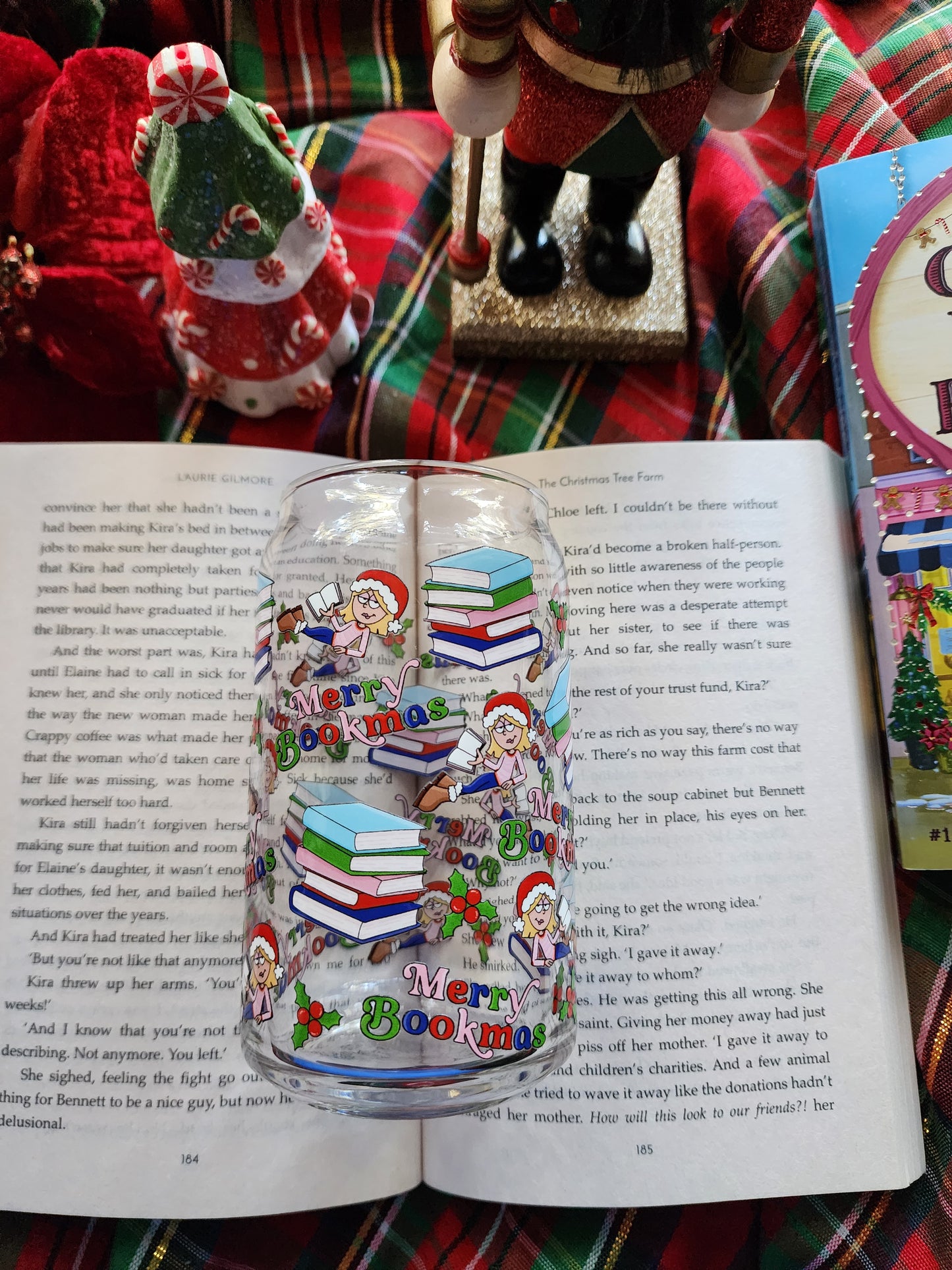 Lizzie Bookmas 16oz glass can| Winter| Christmas| Cute Glass Can|Glass Tumbler w/Straw & Lid|