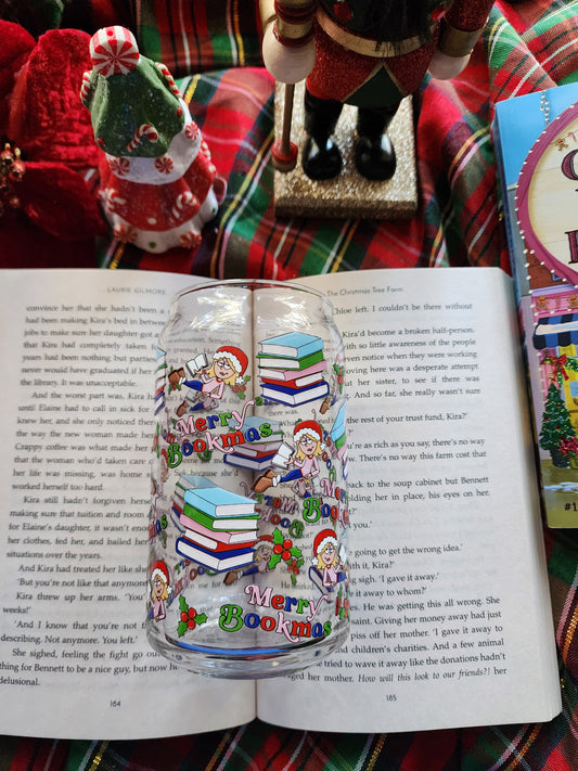 Lizzie Bookmas 16oz glass can| Winter| Christmas| Cute Glass Can|Glass Tumbler w/Straw & Lid|