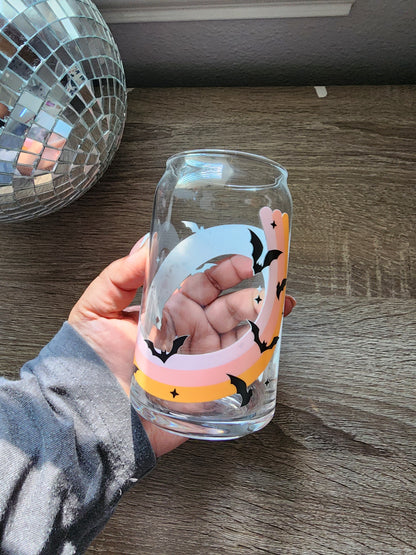 Oopsie Rainbow Bats Girly 16oz glass can| Autumn| Fall Bookish| Pumpkins Books| Cute Glass Can|Glass Tumbler w/Straw & Lid|