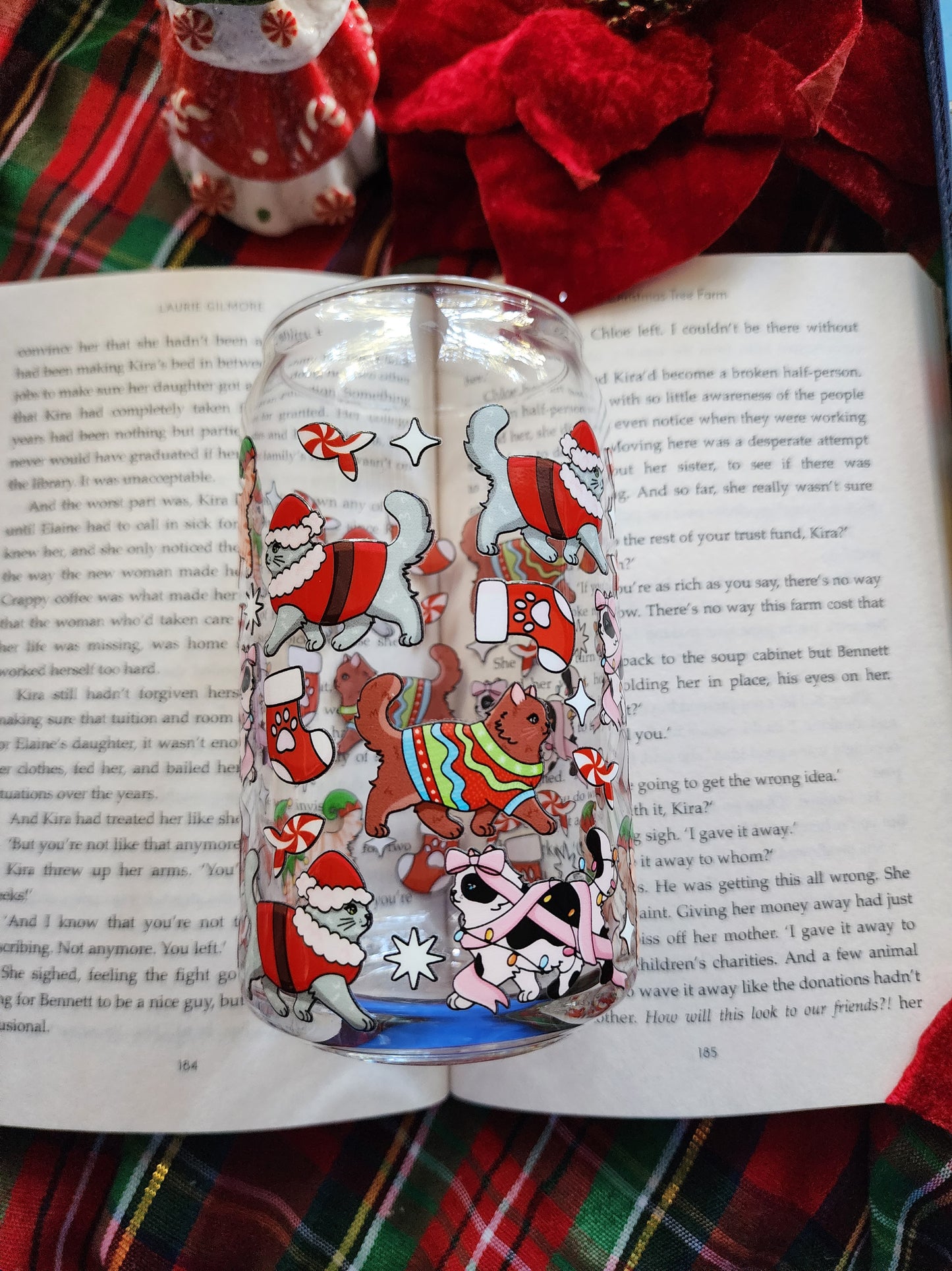 Christmas Cats 16oz glass can| Winter| Christmas| Cute Glass Can|Glass Tumbler w/Straw & Lid|