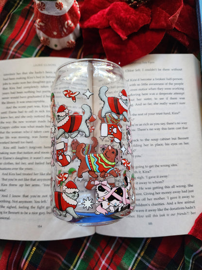 Christmas Cats 16oz glass can| Winter| Christmas| Cute Glass Can|Glass Tumbler w/Straw & Lid|