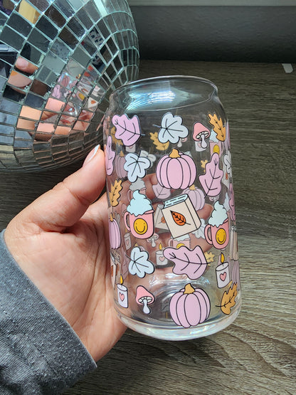 Autumn Bookish Girly 16oz glass can| Autumn| Fall Bookish| Pumpkins Books| Cute Glass Can|Glass Tumbler w/Straw & Lid|