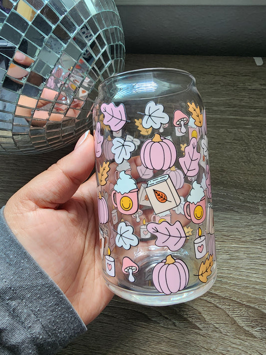 Autumn Bookish Girly 16oz glass can| Autumn| Fall Bookish| Pumpkins Books| Cute Glass Can|Glass Tumbler w/Straw & Lid|