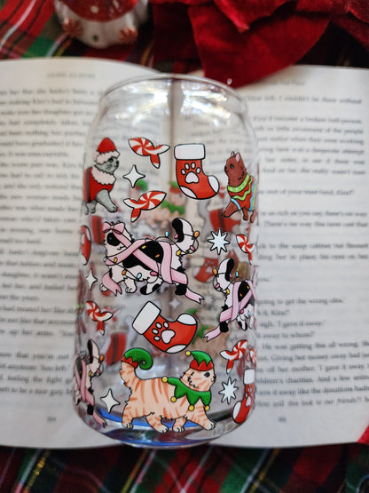 Christmas Cats 16oz glass can| Winter| Christmas| Cute Glass Can|Glass Tumbler w/Straw & Lid|