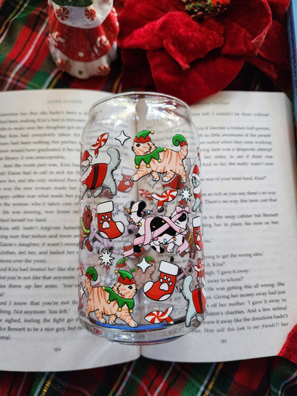 Christmas Cats 16oz glass can| Winter| Christmas| Cute Glass Can|Glass Tumbler w/Straw & Lid|