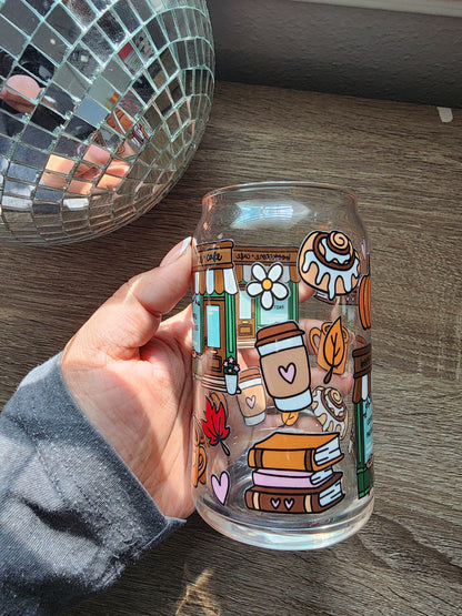Autumn Bookstore 16oz glass can| Autumn| Fall Bookish| Pumpkins Books| Cute Glass Can|Glass Tumbler w/Straw & Lid|