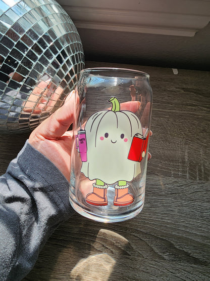 Fall Ghostie Pumpkin 16oz glass can| Autumn Ghostie Pumpkin| Bookish| Cute Glass Can|Glass Tumbler w/Straw & Lid|