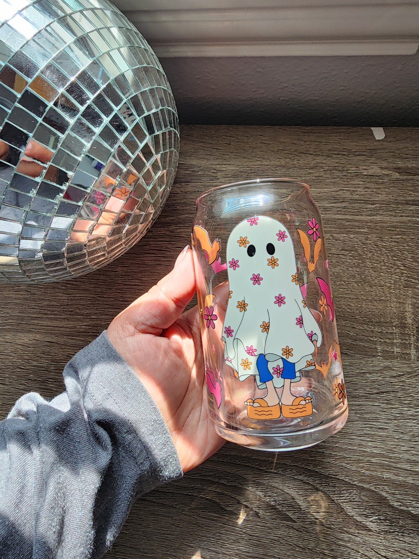 Lizzie M Ghost Girly 16oz glass can| Autumn| Fall Bookish| Pumpkins Books| Cute Glass Can|Glass Tumbler w/Straw & Lid|