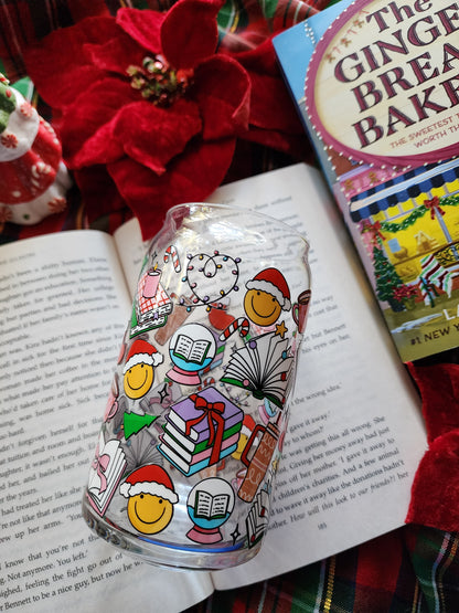 Bookish Christmas 16oz glass can| Winter| Christmas| Cute Glass Can|Glass Tumbler w/Straw & Lid|