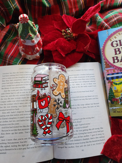 Gingy Bookstore 16oz glass can| Winter| Christmas| Cute Glass Can|Glass Tumbler w/Straw & Lid|