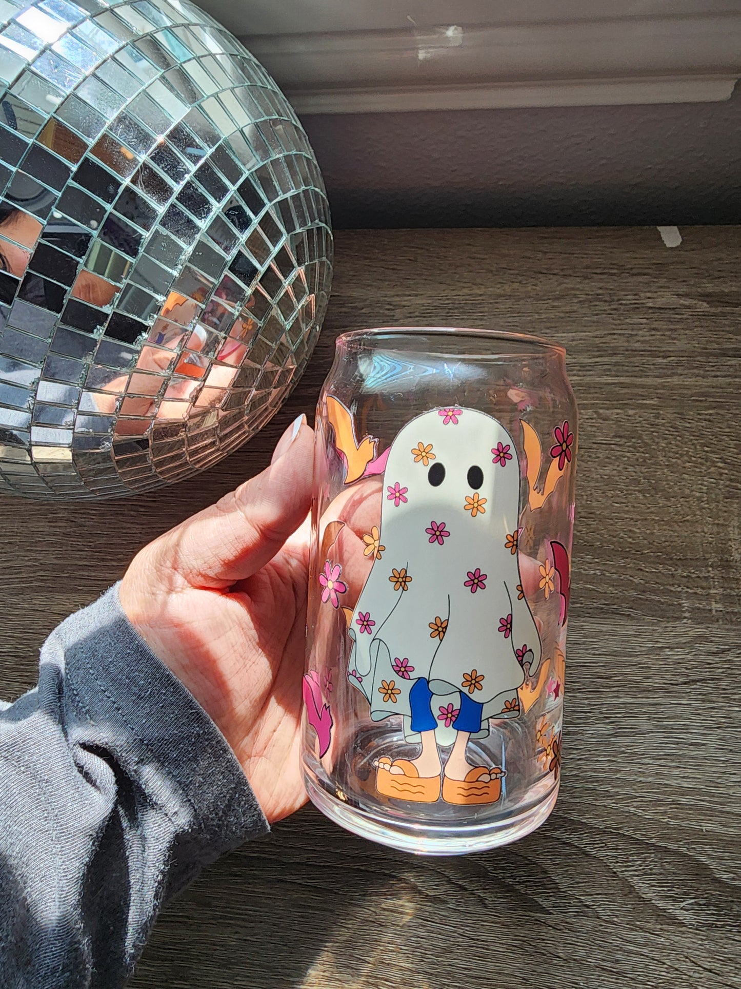 Lizzie M Ghost Girly 16oz glass can| Autumn| Fall Bookish| Pumpkins Books| Cute Glass Can|Glass Tumbler w/Straw & Lid|
