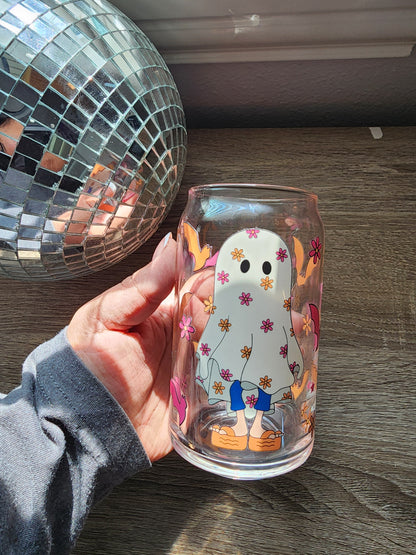 Lizzie M Ghost Girly 16oz glass can| Autumn| Fall Bookish| Pumpkins Books| Cute Glass Can|Glass Tumbler w/Straw & Lid|