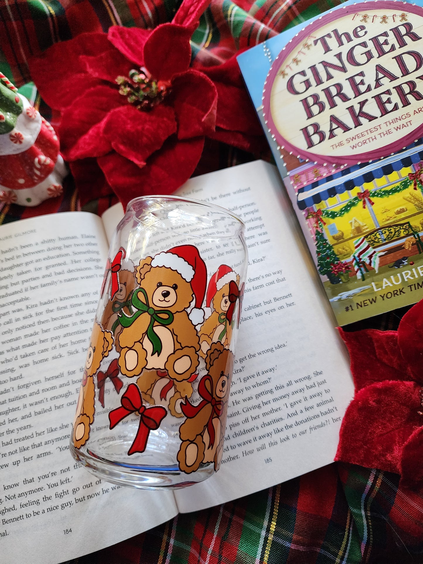 Christmas Teddy 16oz glass can| Winter| Christmas| Cute Glass Can|Glass Tumbler w/Straw & Lid|