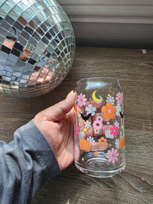 Pumpkins & Bats Girly 16oz glass can| Autumn| Fall Bookish| Pumpkins Books| Cute Glass Can|Glass Tumbler w/Straw & Lid|