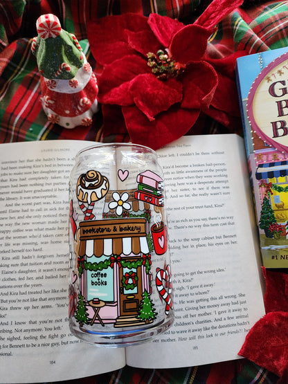 Gingy Bookstore 16oz glass can| Winter| Christmas| Cute Glass Can|Glass Tumbler w/Straw & Lid|