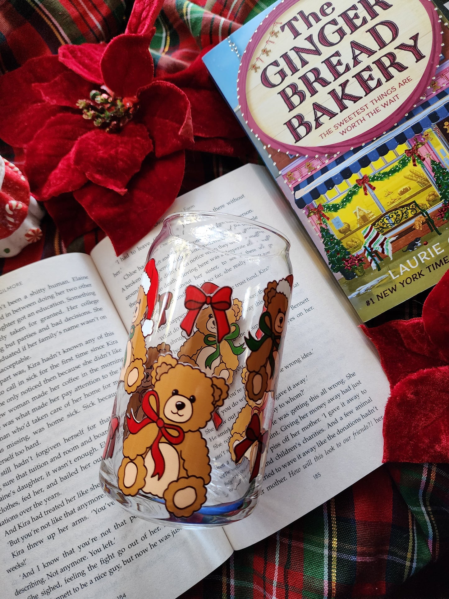 Christmas Teddy 16oz glass can| Winter| Christmas| Cute Glass Can|Glass Tumbler w/Straw & Lid|