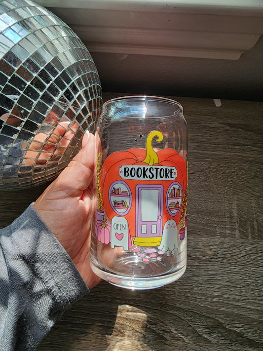 Pumpkin Bookstore 16oz glass can| Autumn| Fall Bookish| Pumpkins Books| Cute Glass Can|Glass Tumbler w/Straw & Lid|