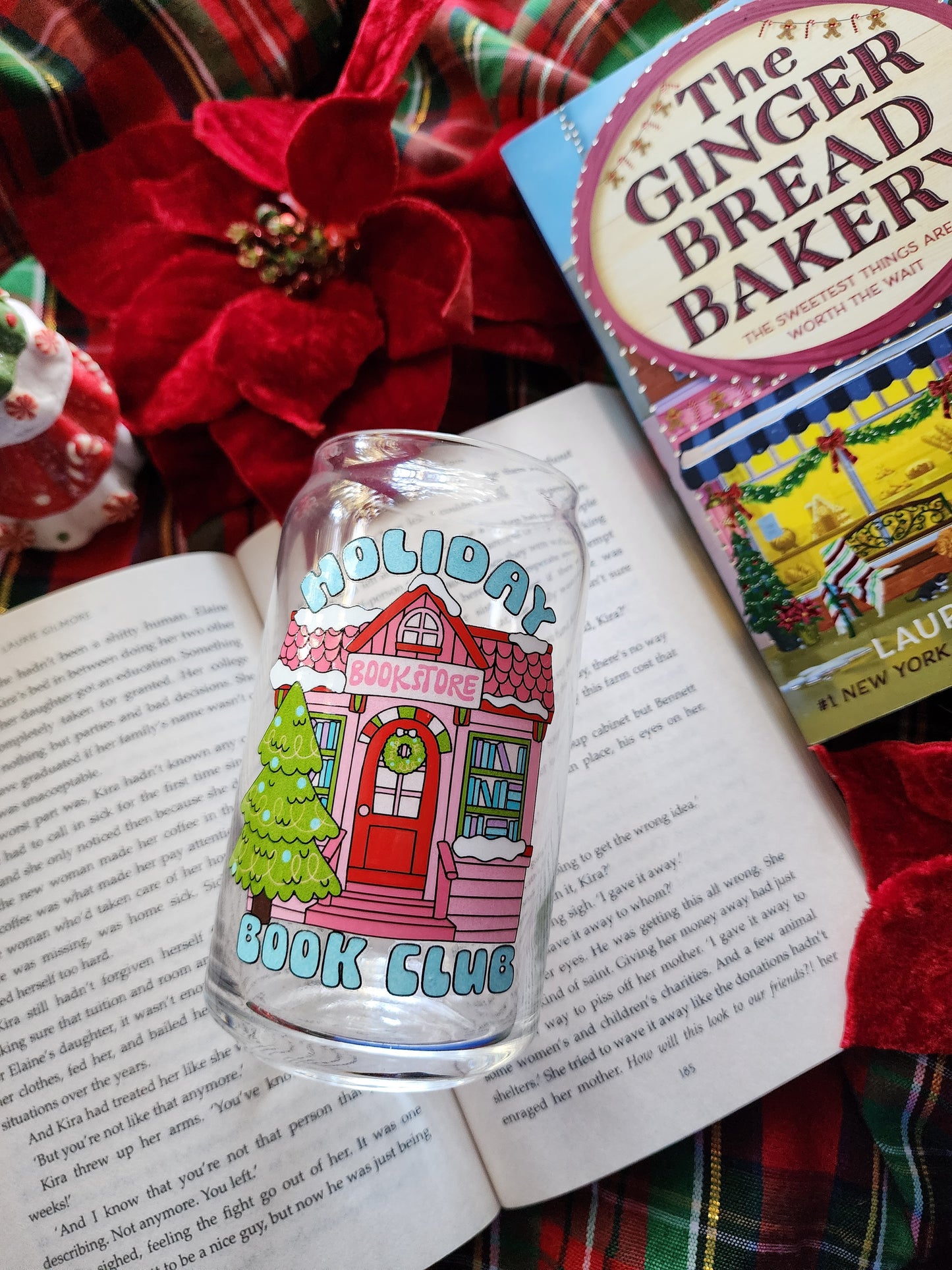 Holiday Book Club 16oz glass can| Winter| Christmas| Cute Glass Can|Glass Tumbler w/Straw & Lid|