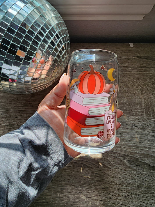 Fallen Leaves and Apple Cider 16oz glass can| Autumn| Fall Bookish| Pumpkins Books| Cute Glass Can|Glass Tumbler w/Straw & Lid|