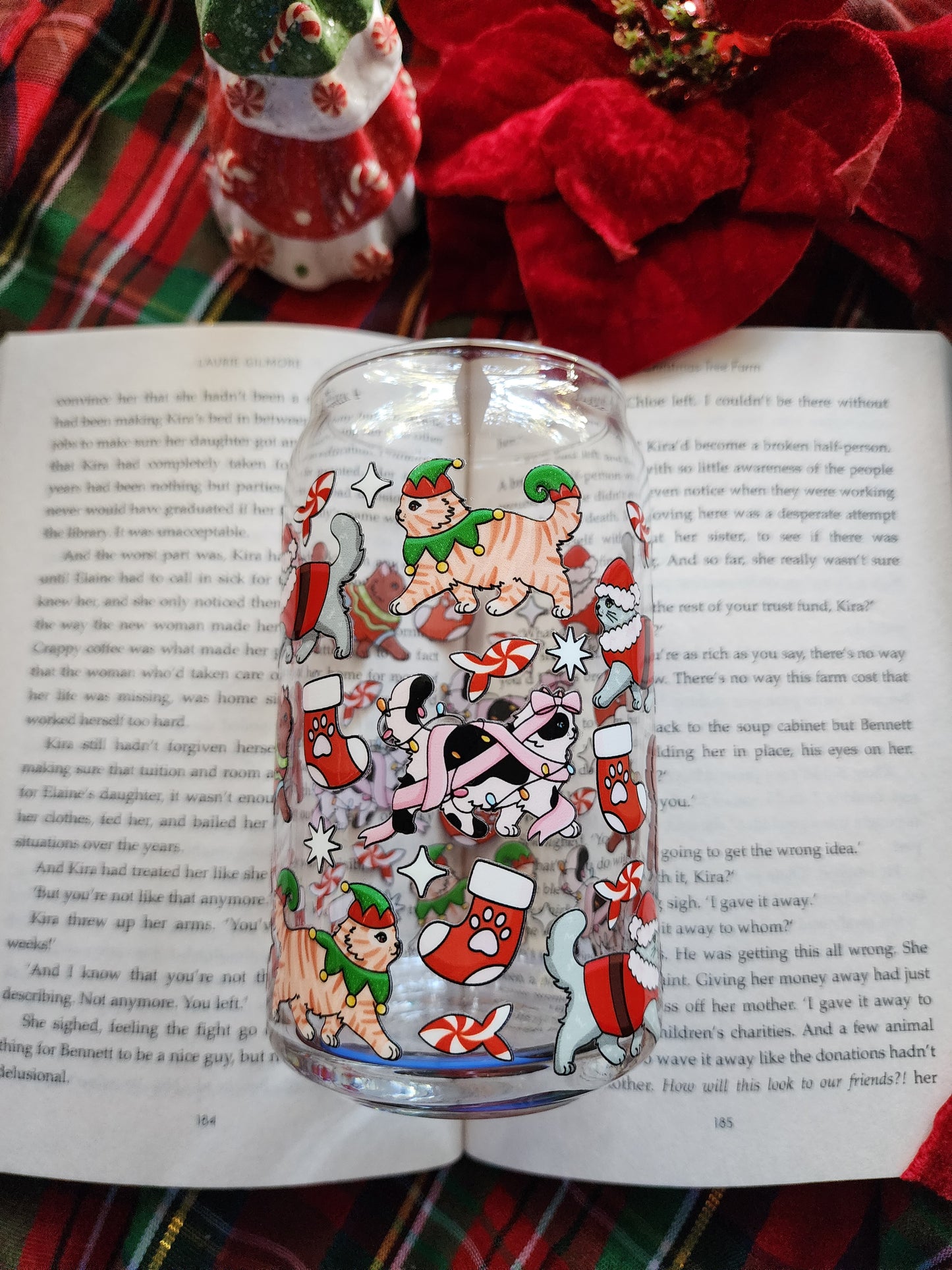 Christmas Cats 16oz glass can| Winter| Christmas| Cute Glass Can|Glass Tumbler w/Straw & Lid|