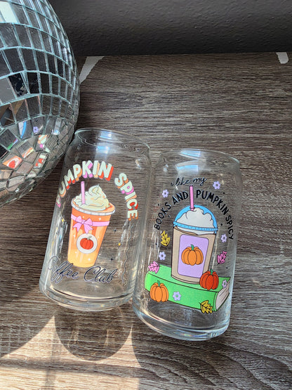 I like my books and pumpkin spicy 16oz glass can| Autumn| Fall Bookish| Cute Glass Can|Glass Tumbler w/Straw & Lid|