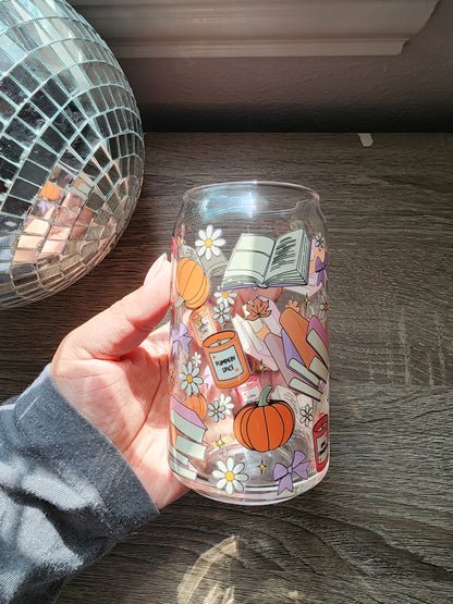 Fall Bookish 16oz glass can| Autumn| Fall Bookish| Pumpkins Books| Cute Glass Can|Glass Tumbler w/Straw & Lid|