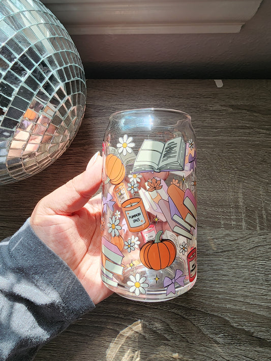Fall Bookish 16oz glass can| Autumn| Fall Bookish| Pumpkins Books| Cute Glass Can|Glass Tumbler w/Straw & Lid|
