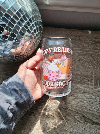 Cozy Readers Book Society 16oz glass can| Autumn| Fall Bookish| Cute Glass Can|Glass Tumbler w/Straw & Lid|