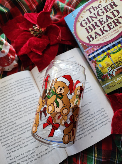 Christmas Teddy 16oz glass can| Winter| Christmas| Cute Glass Can|Glass Tumbler w/Straw & Lid|